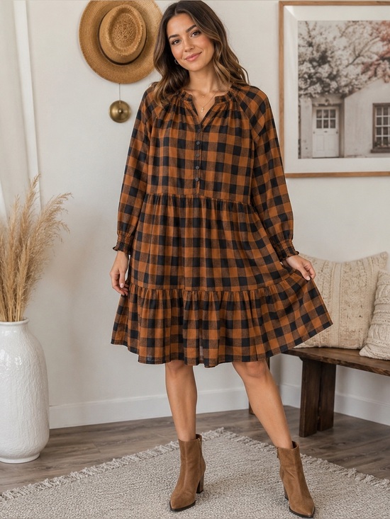 beachlunchlounge Dresses & Skirts - BeachLunchLounge Buffalo Plaid Tiered Dress XS Cottagecore Boho Fall Dress